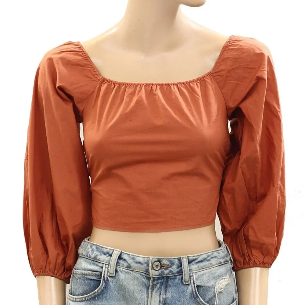 Leger By Lena Gercke Brown Cropped Blouse Top Balloon Sleeve LaceUp XS-34 277972